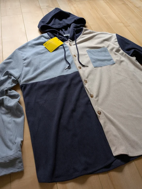 Men's NWT Colorblock Hooded Button-Up Shirt Jacket in Navy, Light Blue, Cream - Picture 2 of 7